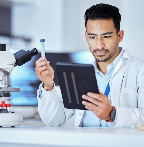 science-tablet-man-laboratory-with-test-tube-research-study-sample-analysis-healthcare-biotechnology-scientist-online-with-medical-equipment-vaccine-analytics-medicine